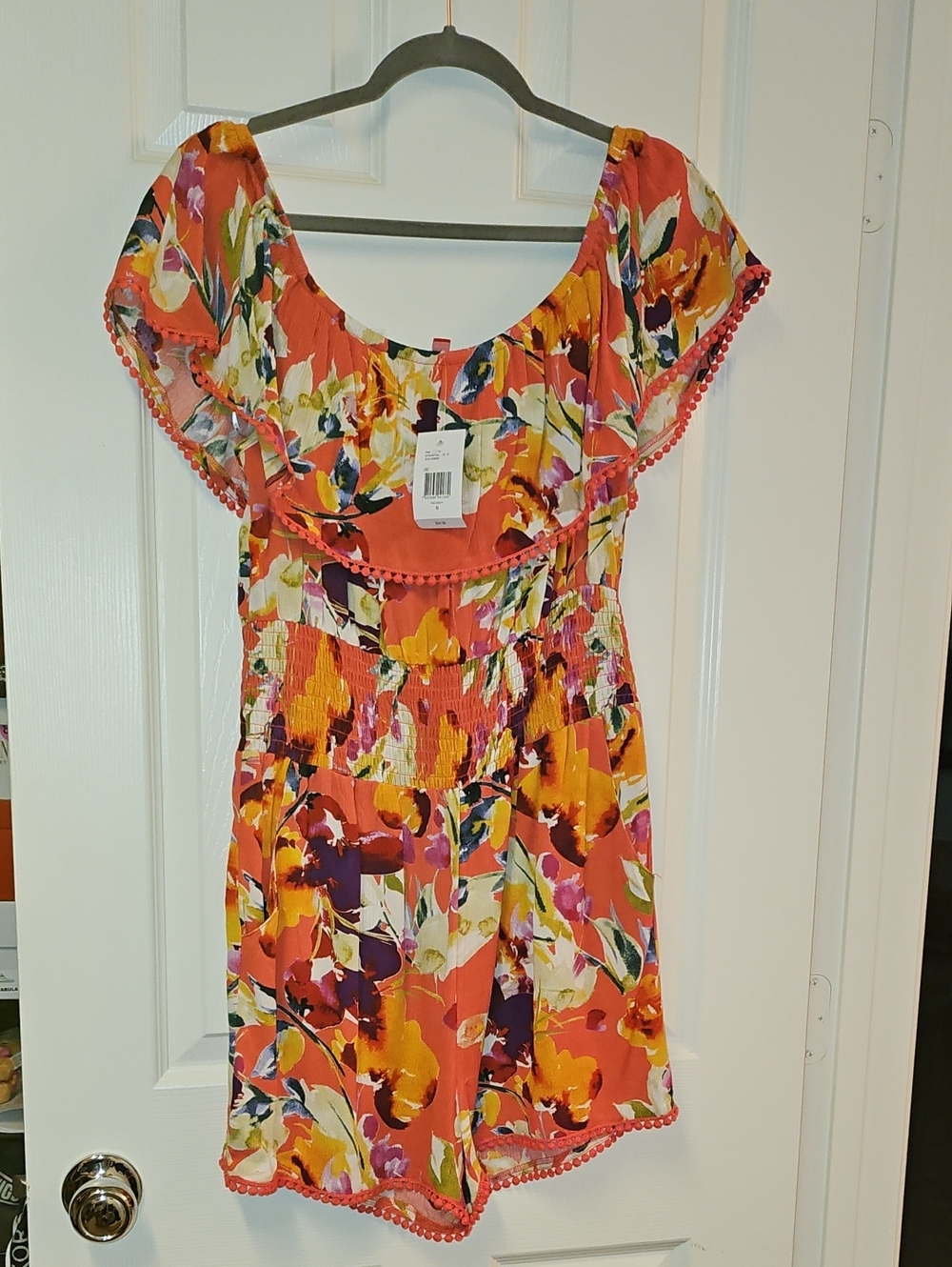 Guess Coral Floral Off-Shoulder Mini Dress with Pom Trim